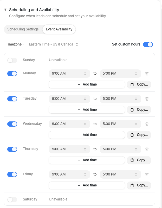 The Event Availability tab with custom hours enabled
