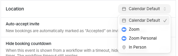 The Location menu in Event Details showing Calendar Default, Zoom, Zoom Personal, and In Person