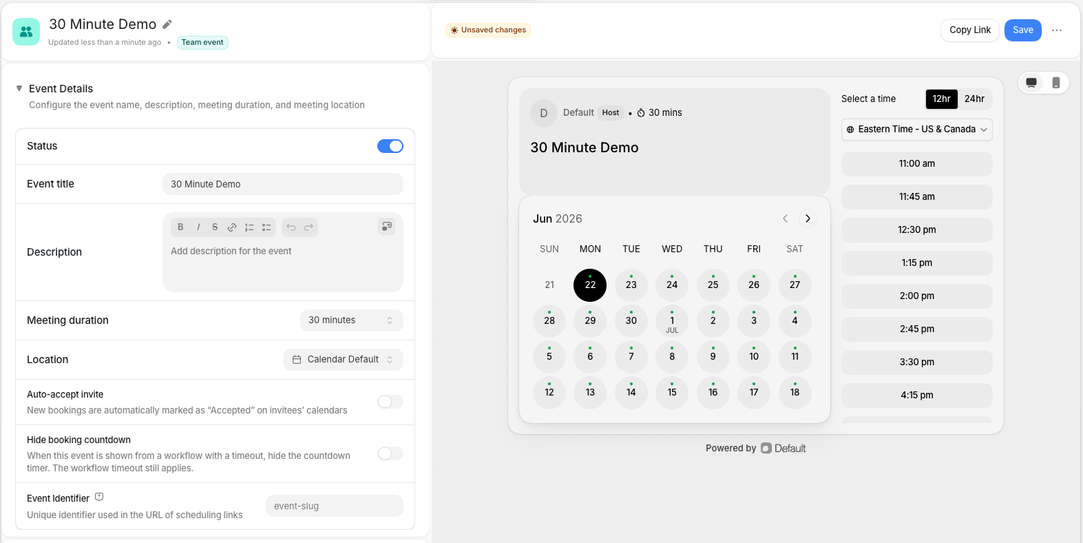 The event editor with setting sections on the left and a live booking-page preview on the right