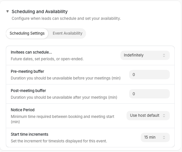The Scheduling and Availability section in the event editor