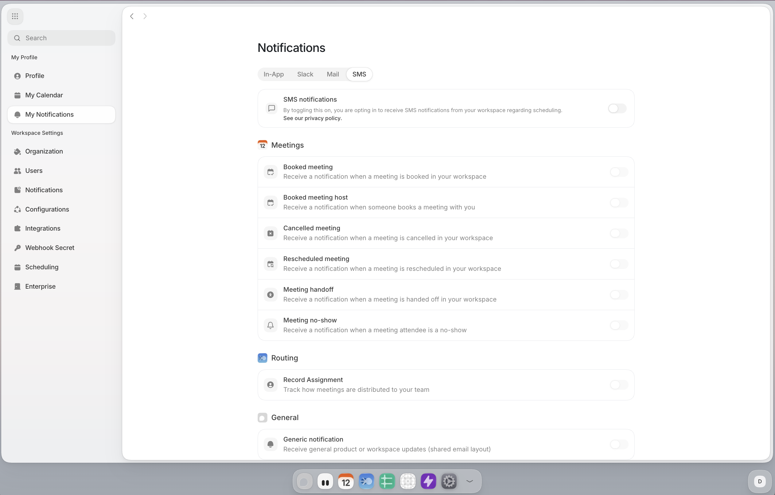 The user Notifications page showing the SMS tab and notification types
