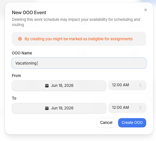 The New OOO Event dialog