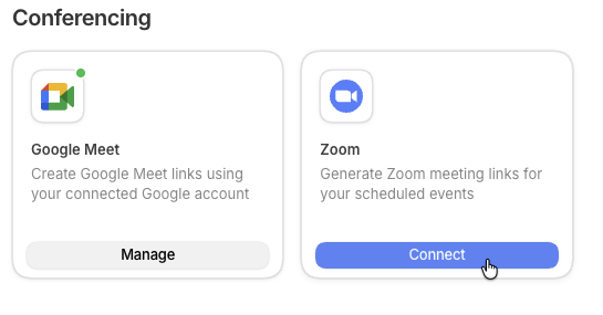 The Zoom card in the Conferencing section of the Integrations page