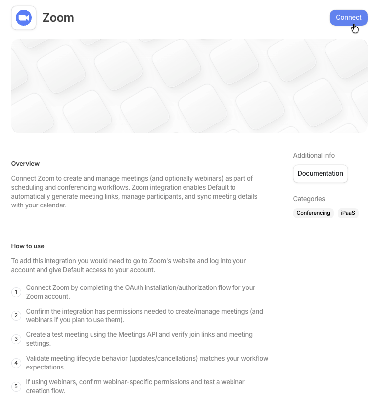 The Zoom integration page, where you complete the connection