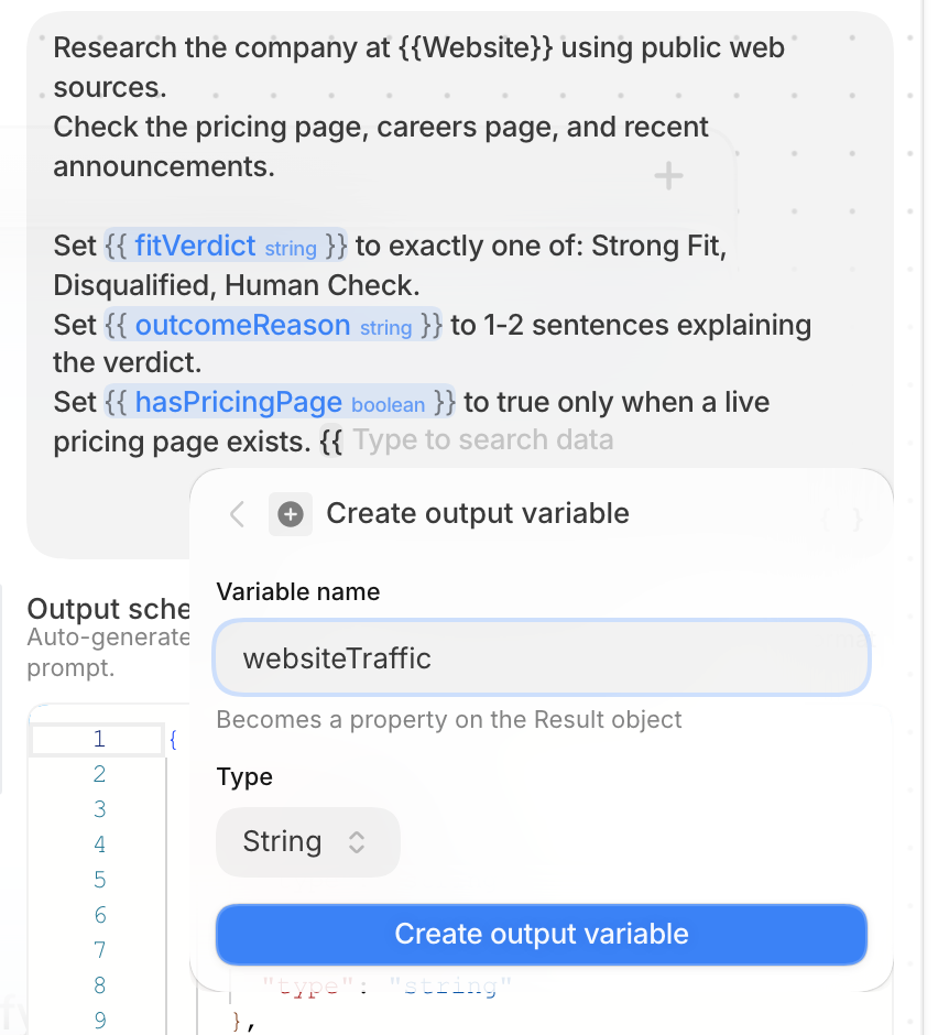 The variable picker open on Create output variable, with the Variable name and Type fields