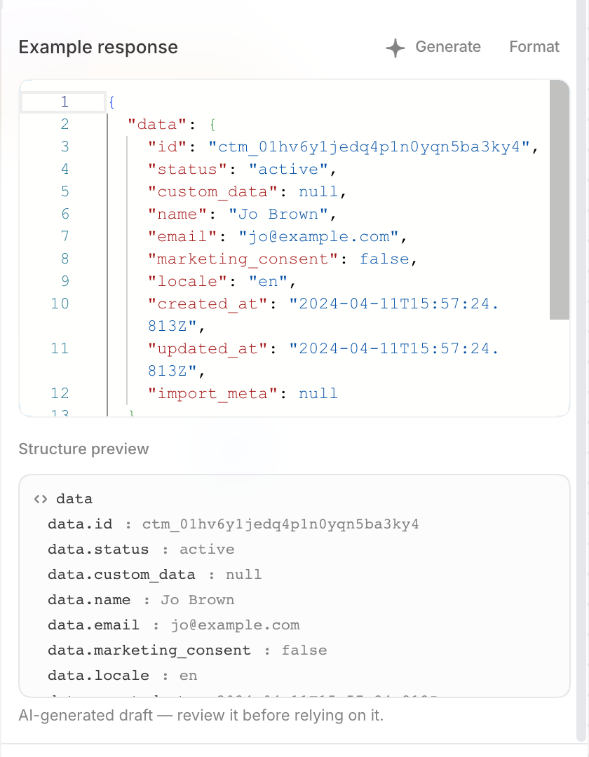 Send to Webhook node with a generated Paddle customer response and its structure preview