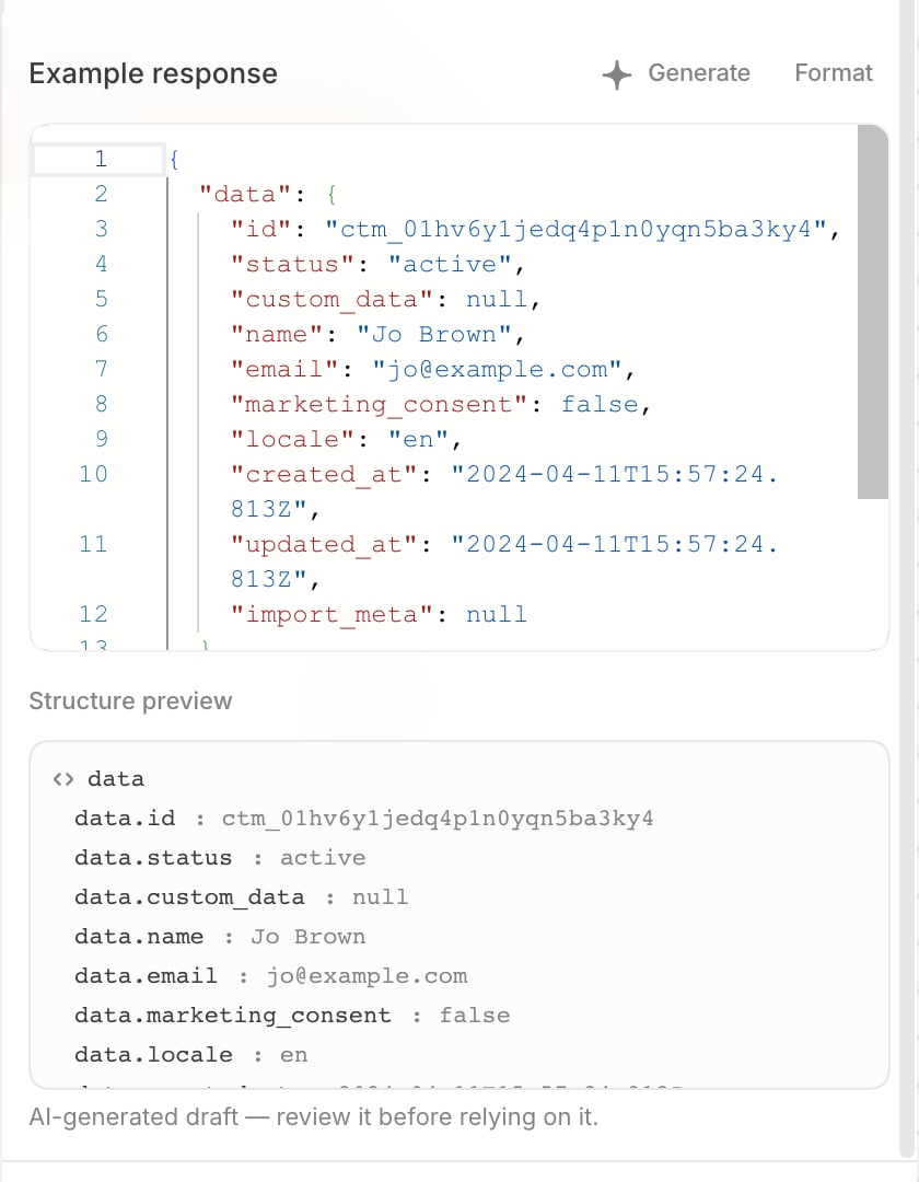Send to Webhook node with a generated Paddle customer response and its structure preview