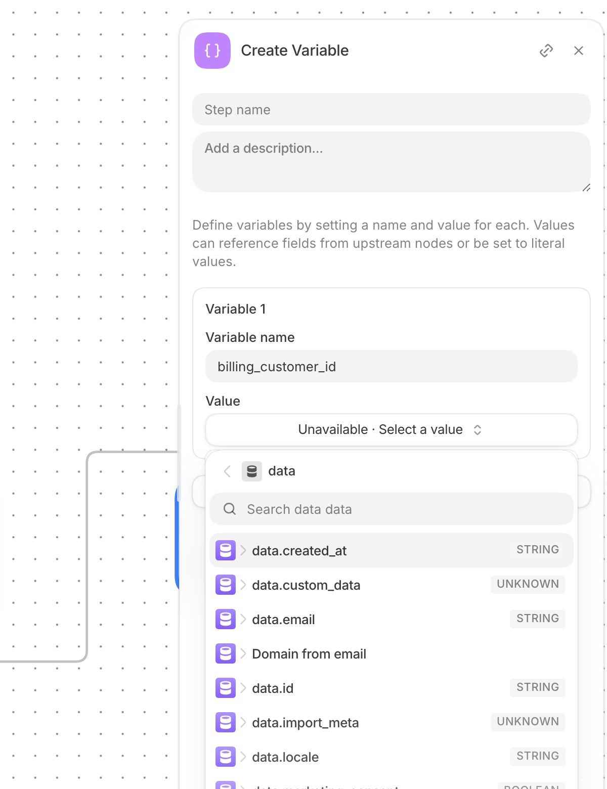 Create Variable node with data.id available from the generated webhook response