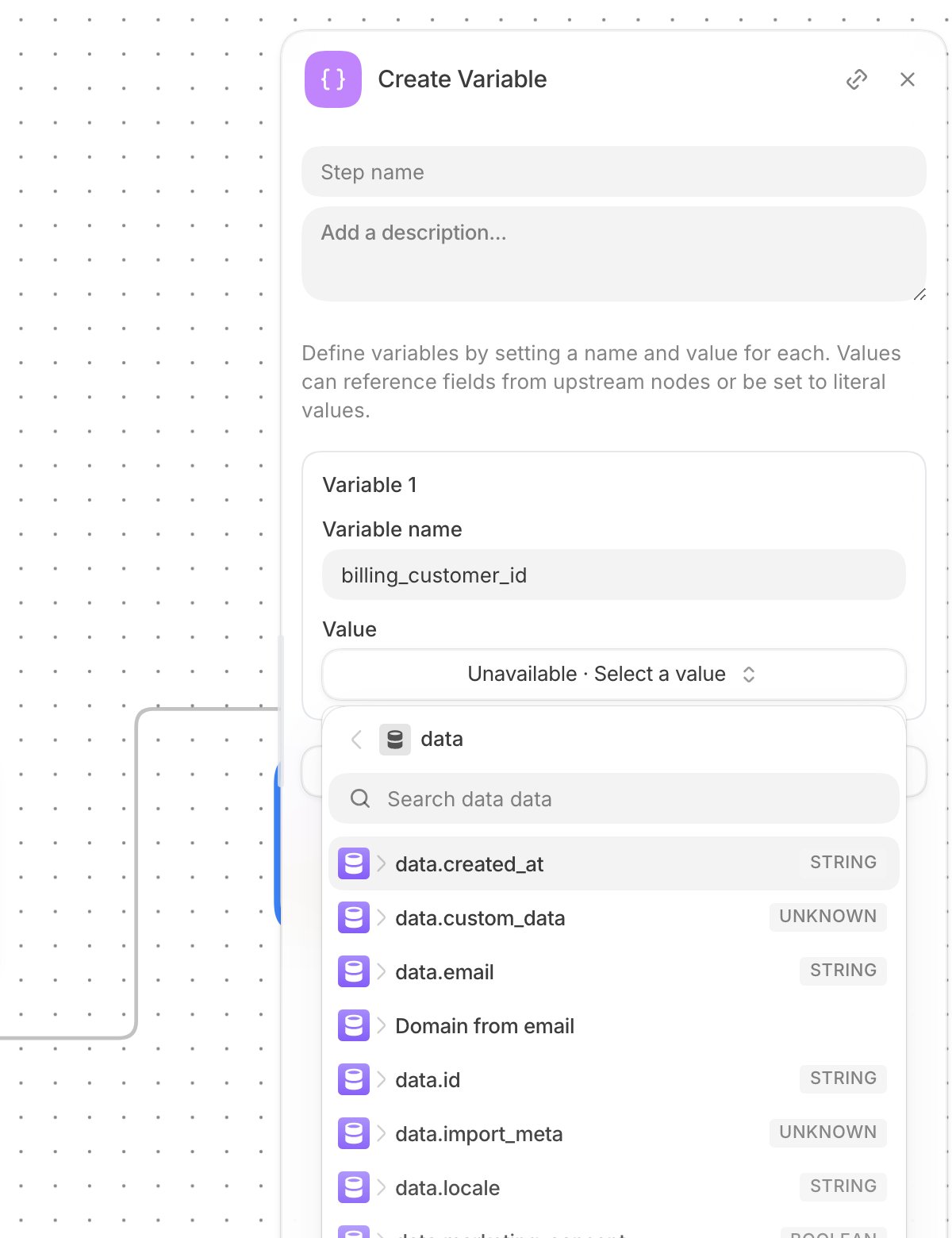 Create Variable node with data.id available from the generated webhook response