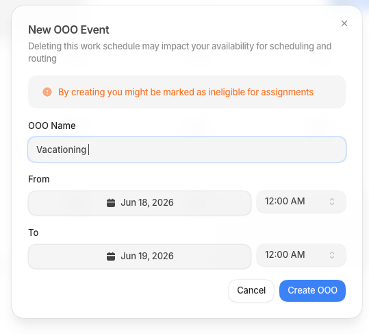 The New OOO Event dialog