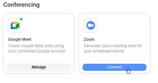 The Zoom card in the Conferencing section of the Integrations page