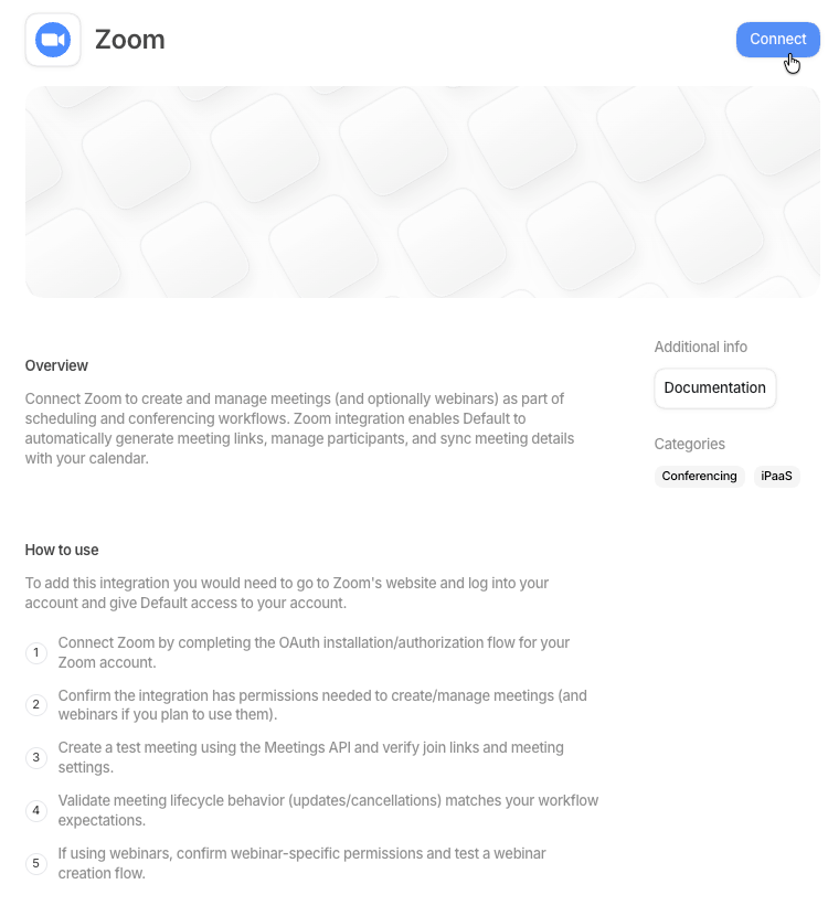 The Zoom integration page, where you complete the connection