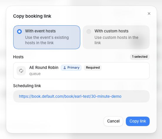 The Copy booking link dialog for an event