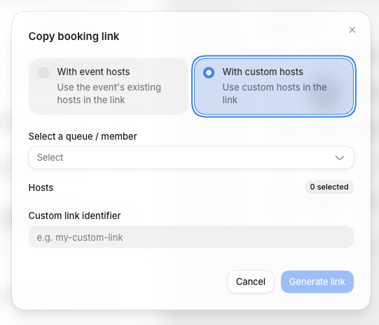 The custom hosts mode in the Copy booking link dialog
