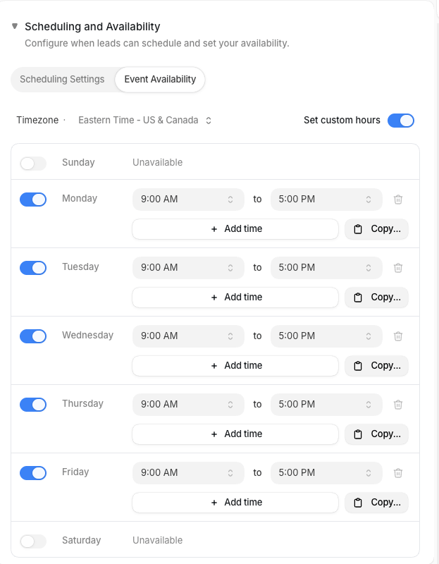 The Event Availability tab with custom hours enabled
