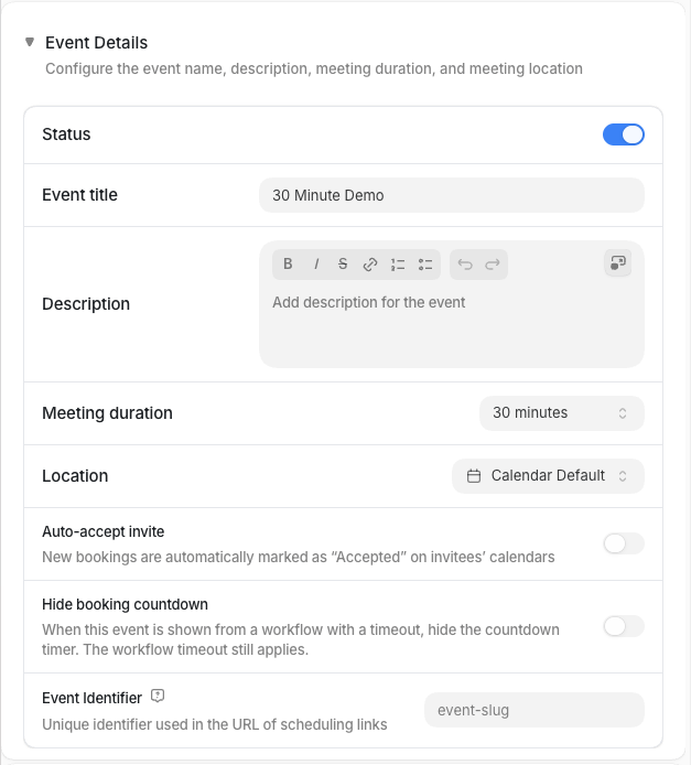 The Event Details section in the event editor