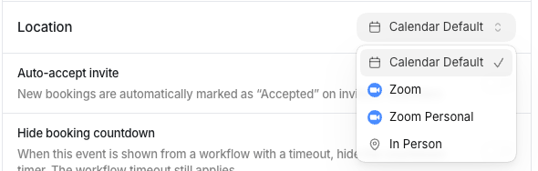 The Location menu in Event Details showing Calendar Default, Zoom, Zoom Personal, and In Person