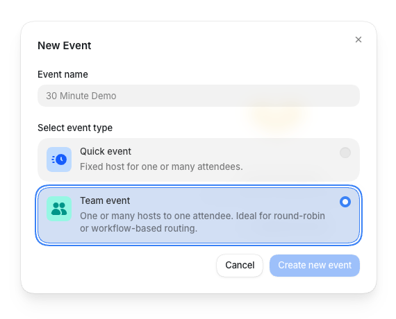 The New Event dialog with event name and event type options