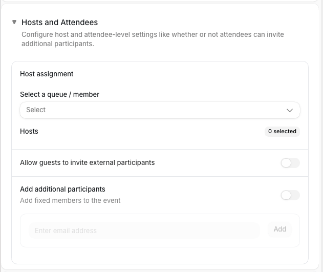 The Hosts and Attendees section in the event editor