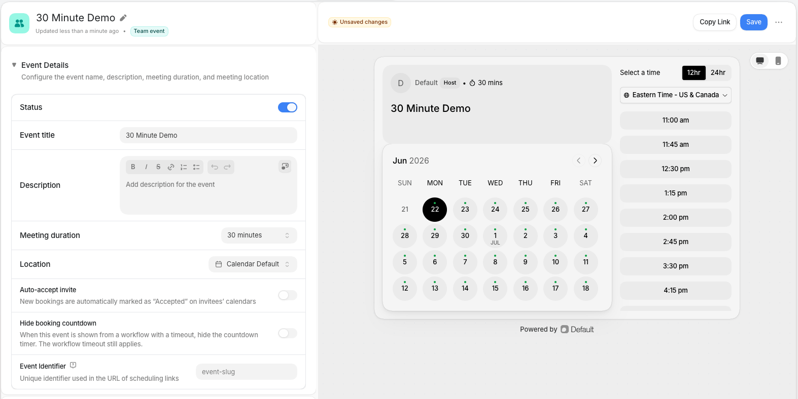 The event editor with setting sections on the left and a live booking-page preview on the right