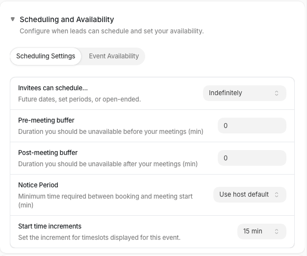 The Scheduling and Availability section in the event editor