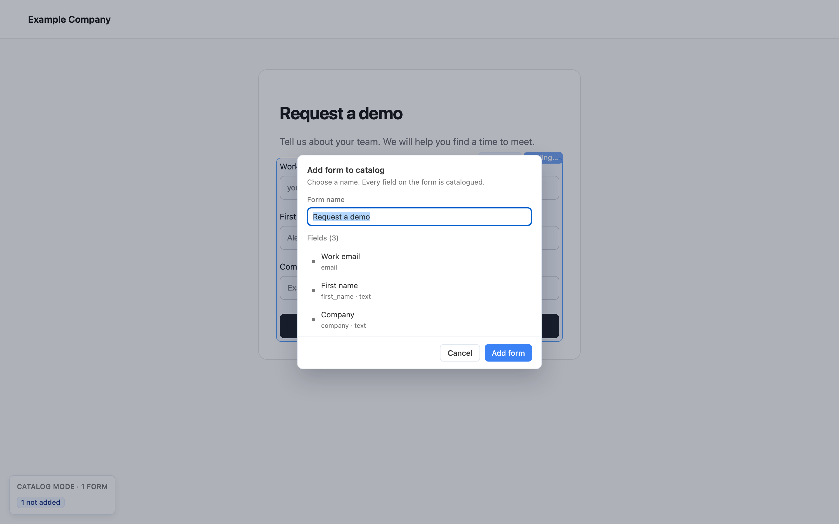 Add form to catalog dialog with a form name and three detected fields