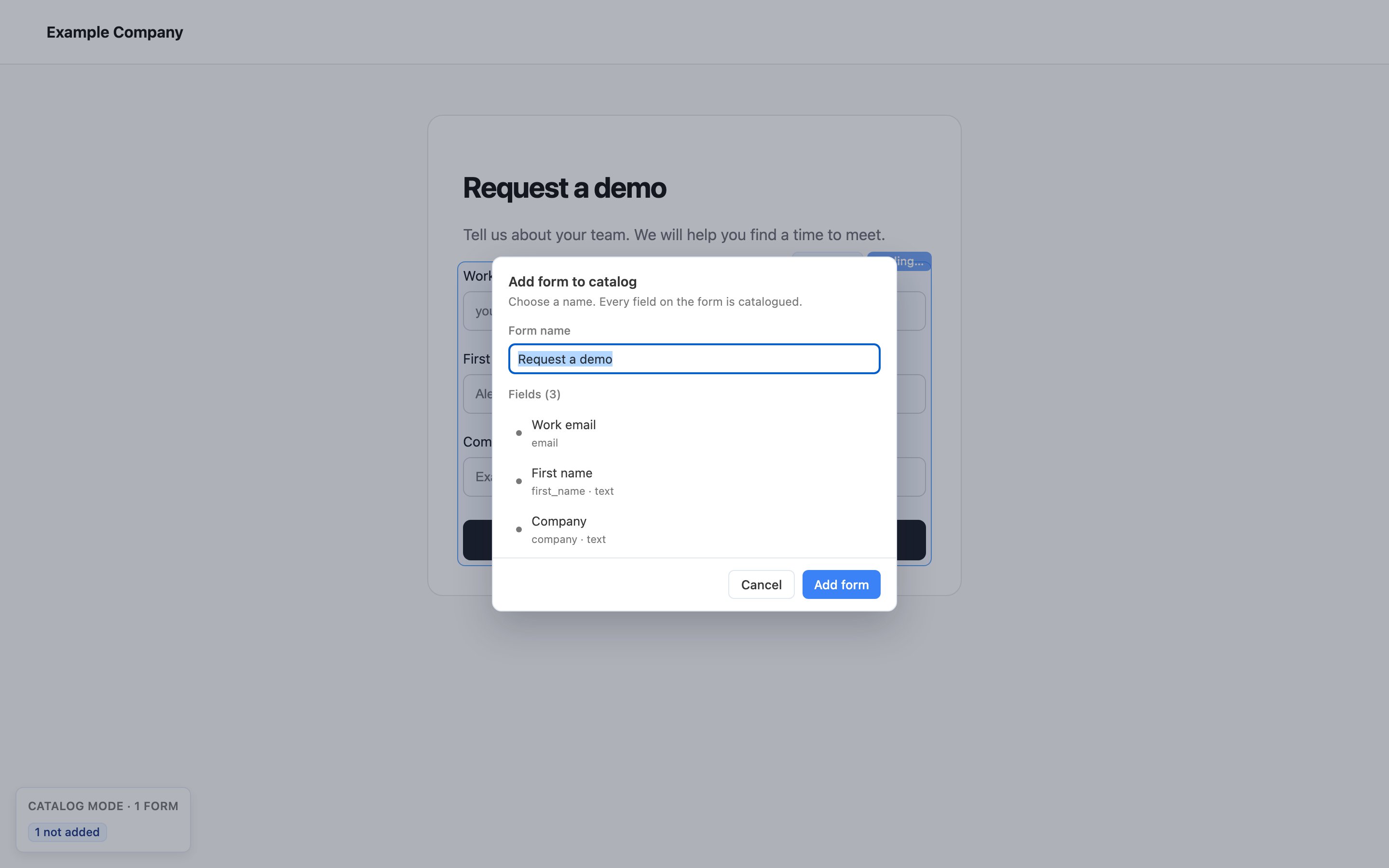 Add form to catalog dialog with a form name and three detected fields