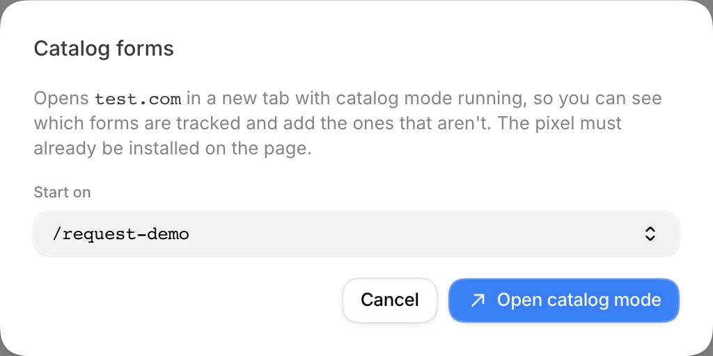 Catalog forms dialog with the request-demo page selected on a test domain