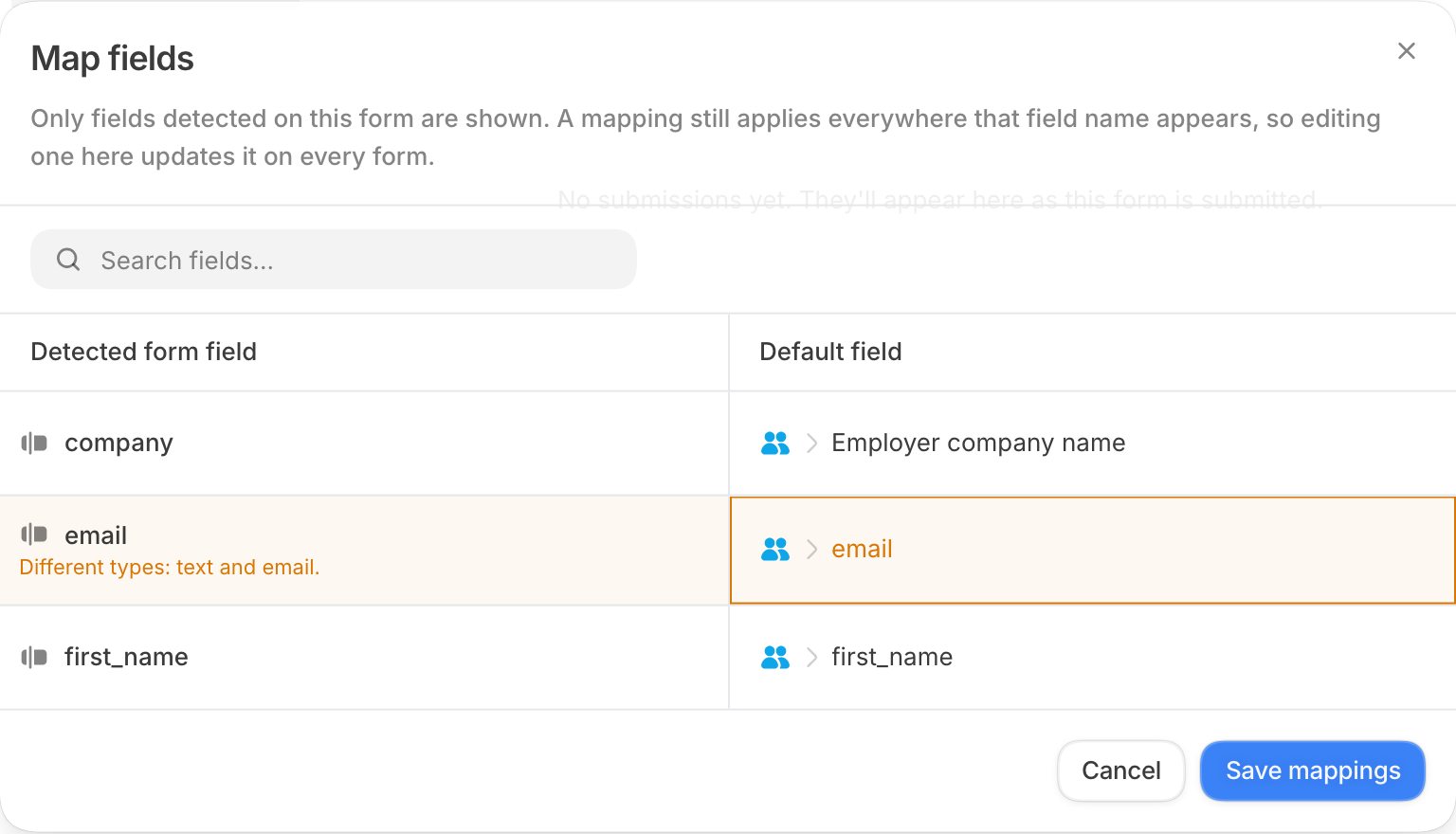 Map fields dialog with form fields and their Default field destinations