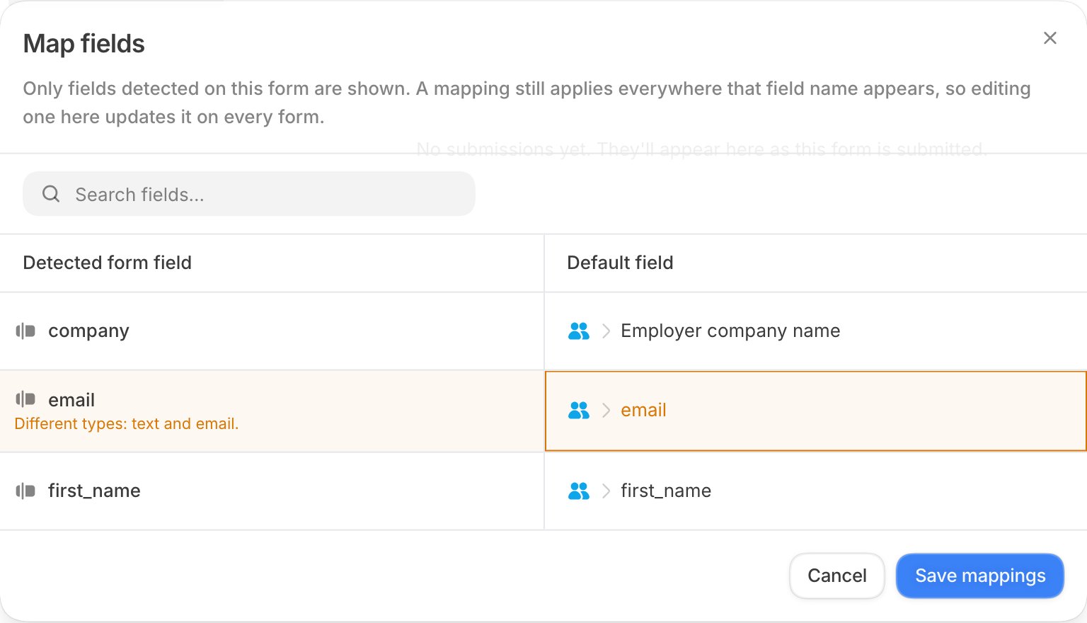 Map fields dialog with form fields and their Default field destinations