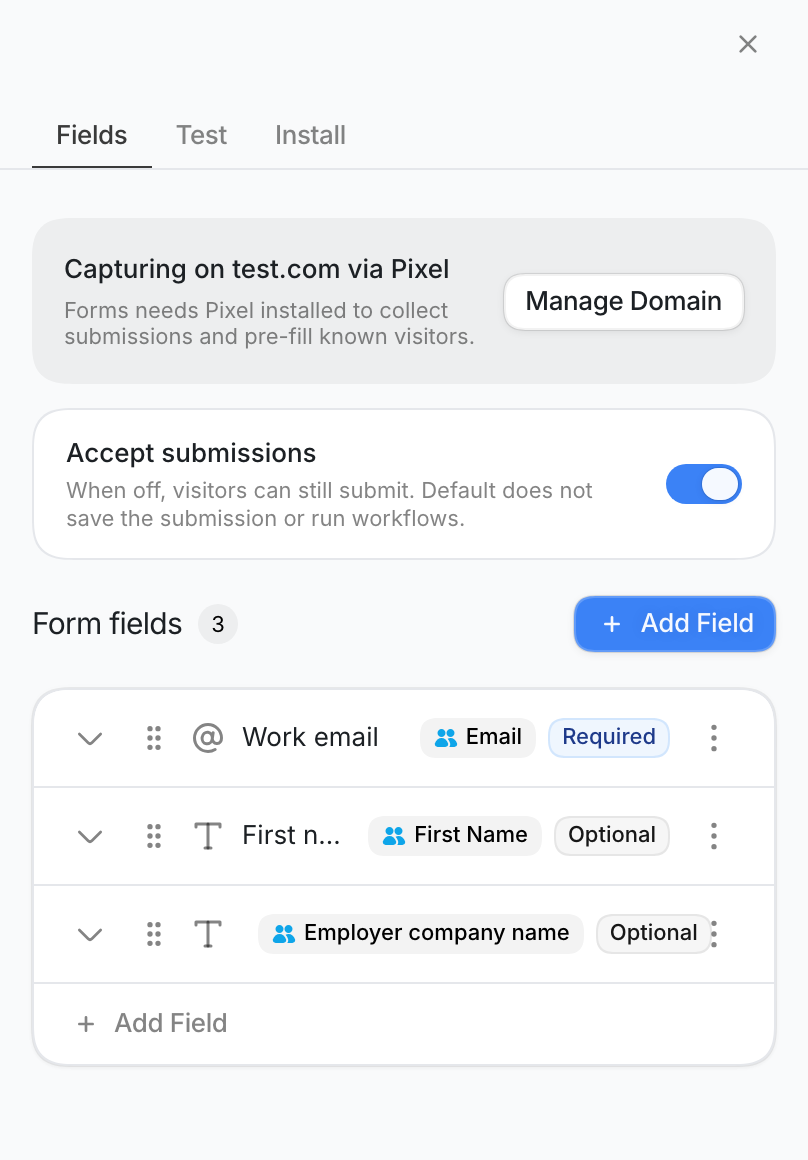 Form editor Fields tab with Accept submissions enabled and three example fields