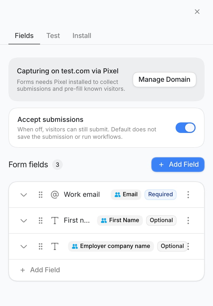 Form editor Fields tab with Accept submissions enabled and three example fields