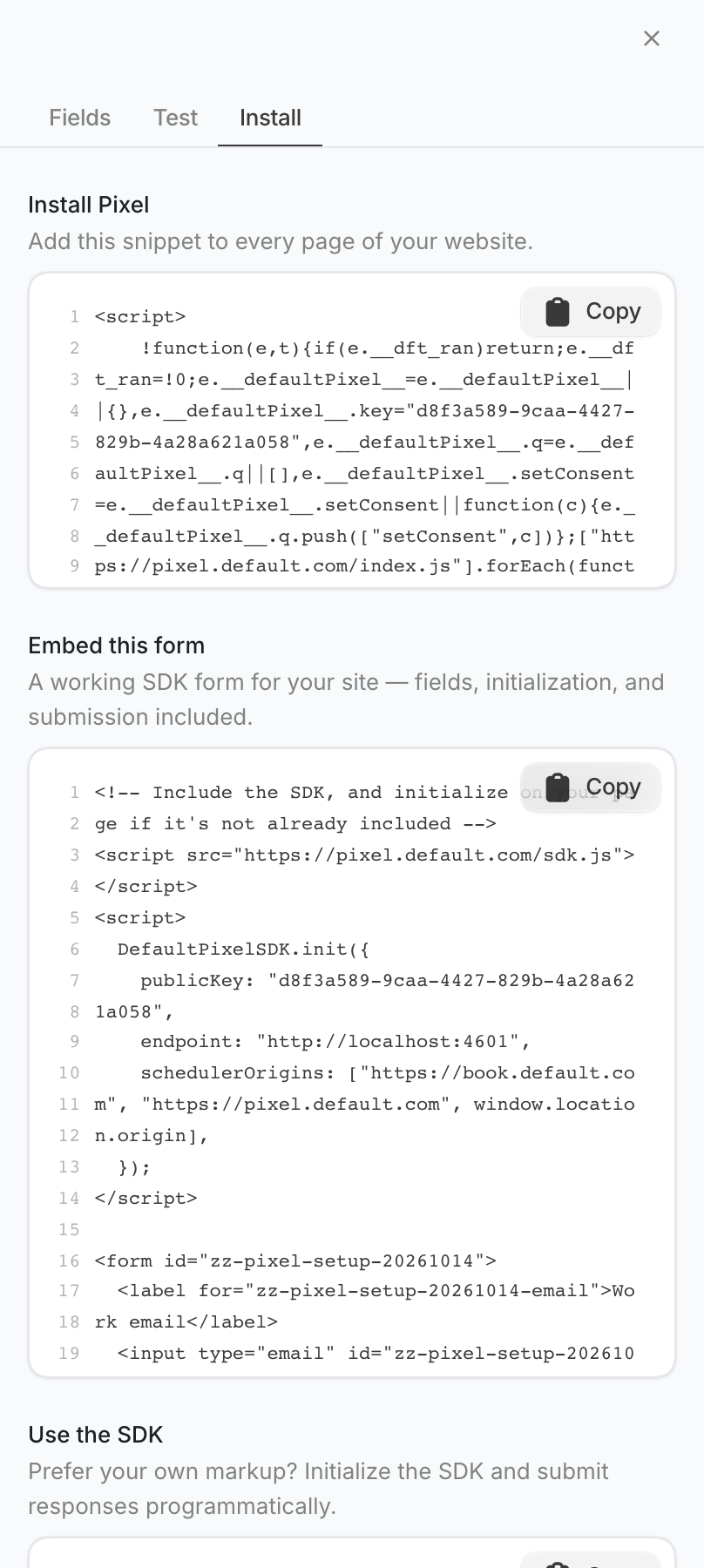 Install tab with Install Pixel and Embed this form sections