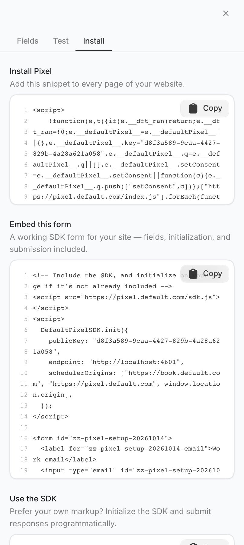 Install tab with Install Pixel and Embed this form sections