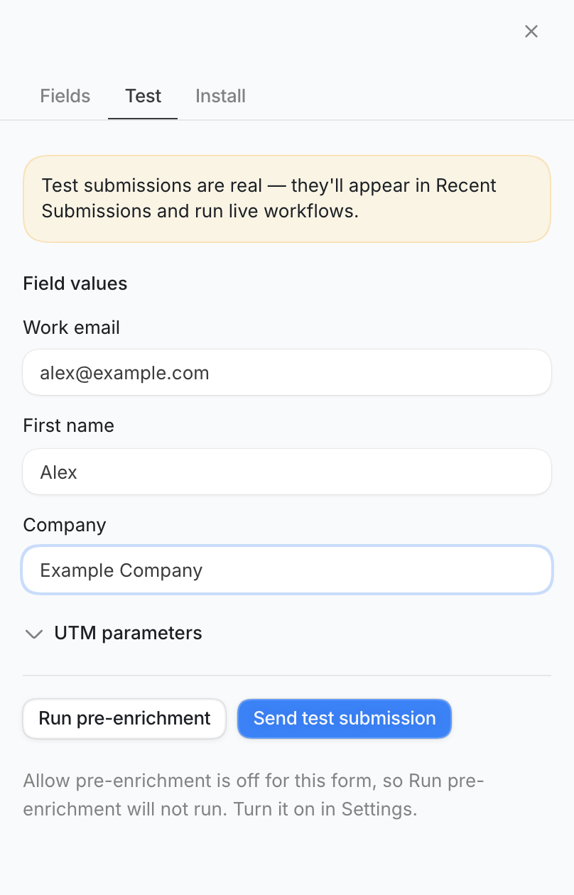 Test tab with fields for work email, first name, and company