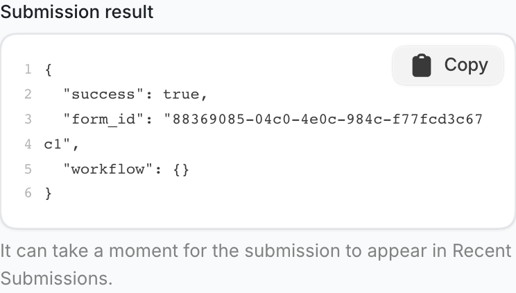 Submission result showing a successful test request