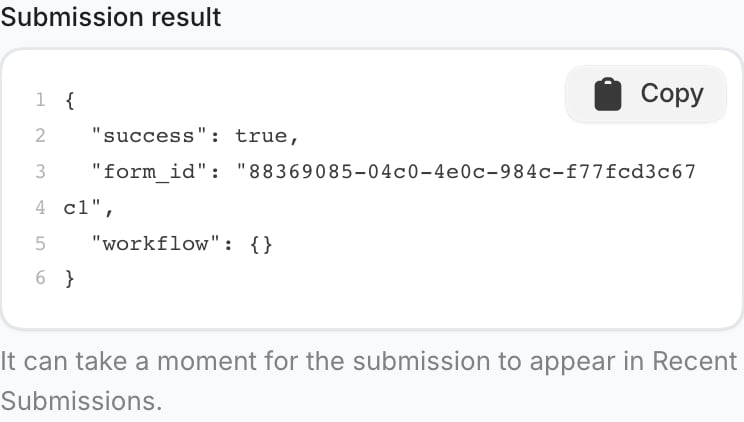 Submission result showing a successful test request