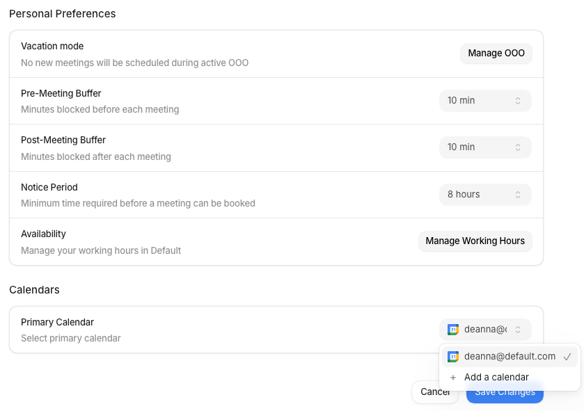 The My Calendar settings page