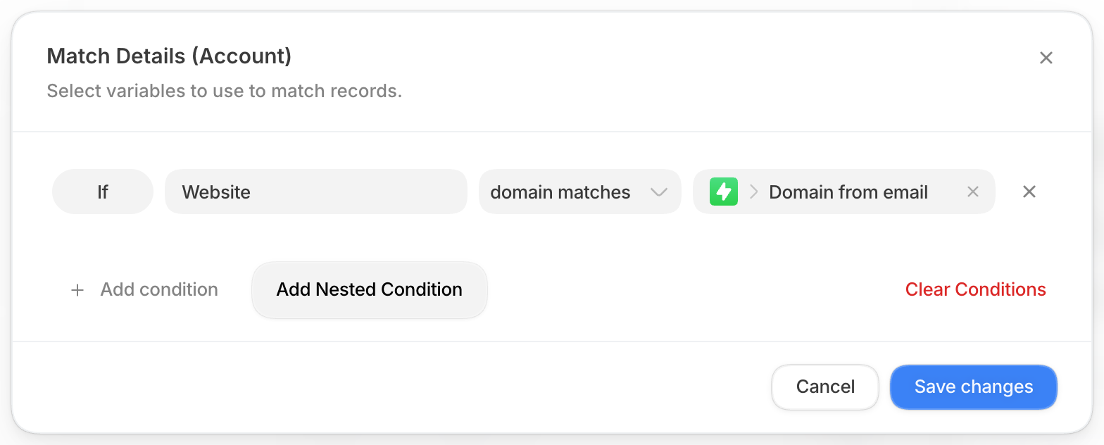 Match Details dialog with the condition Website domain matches Domain from email