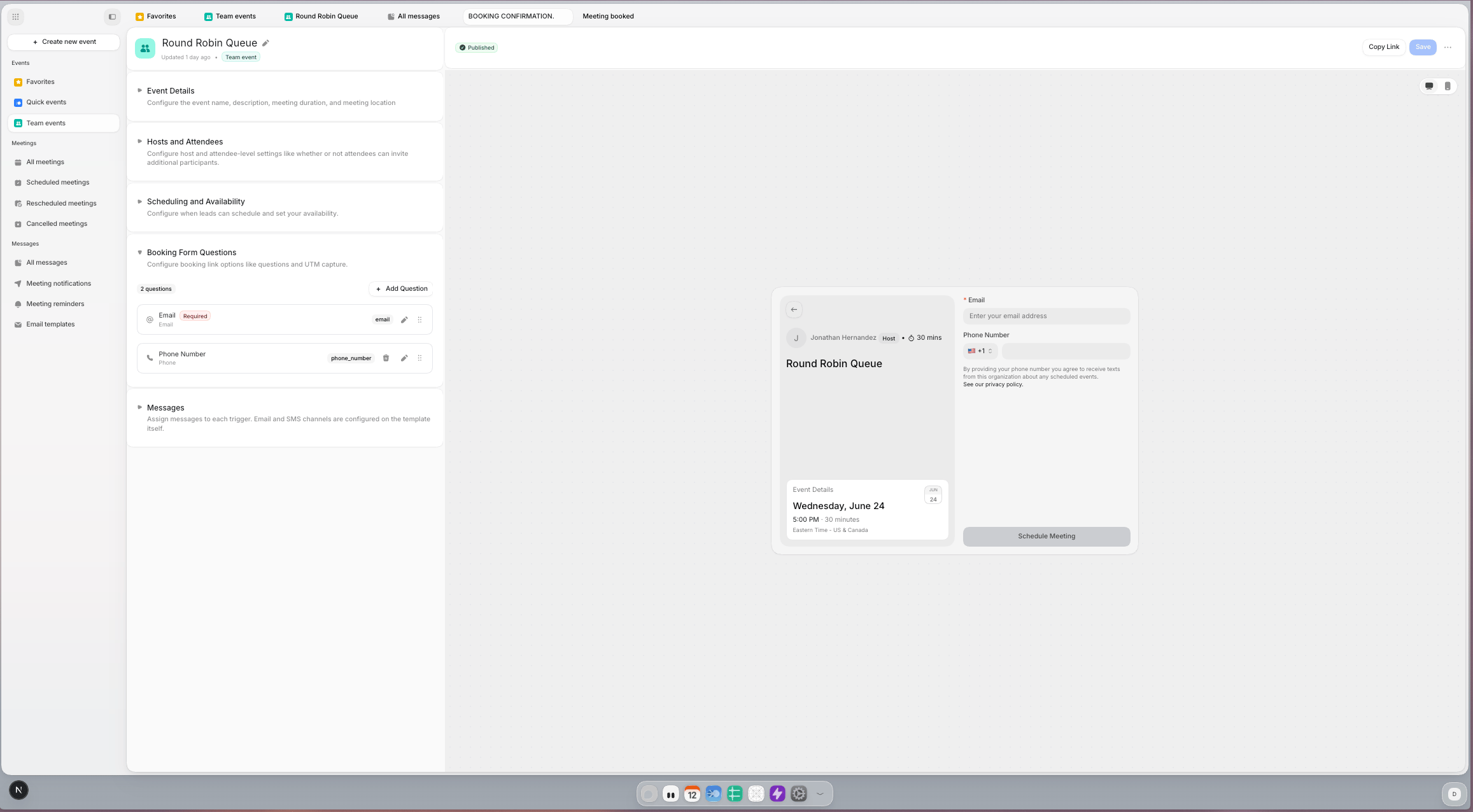 Event editor showing Booking Form Questions with a Phone Number field