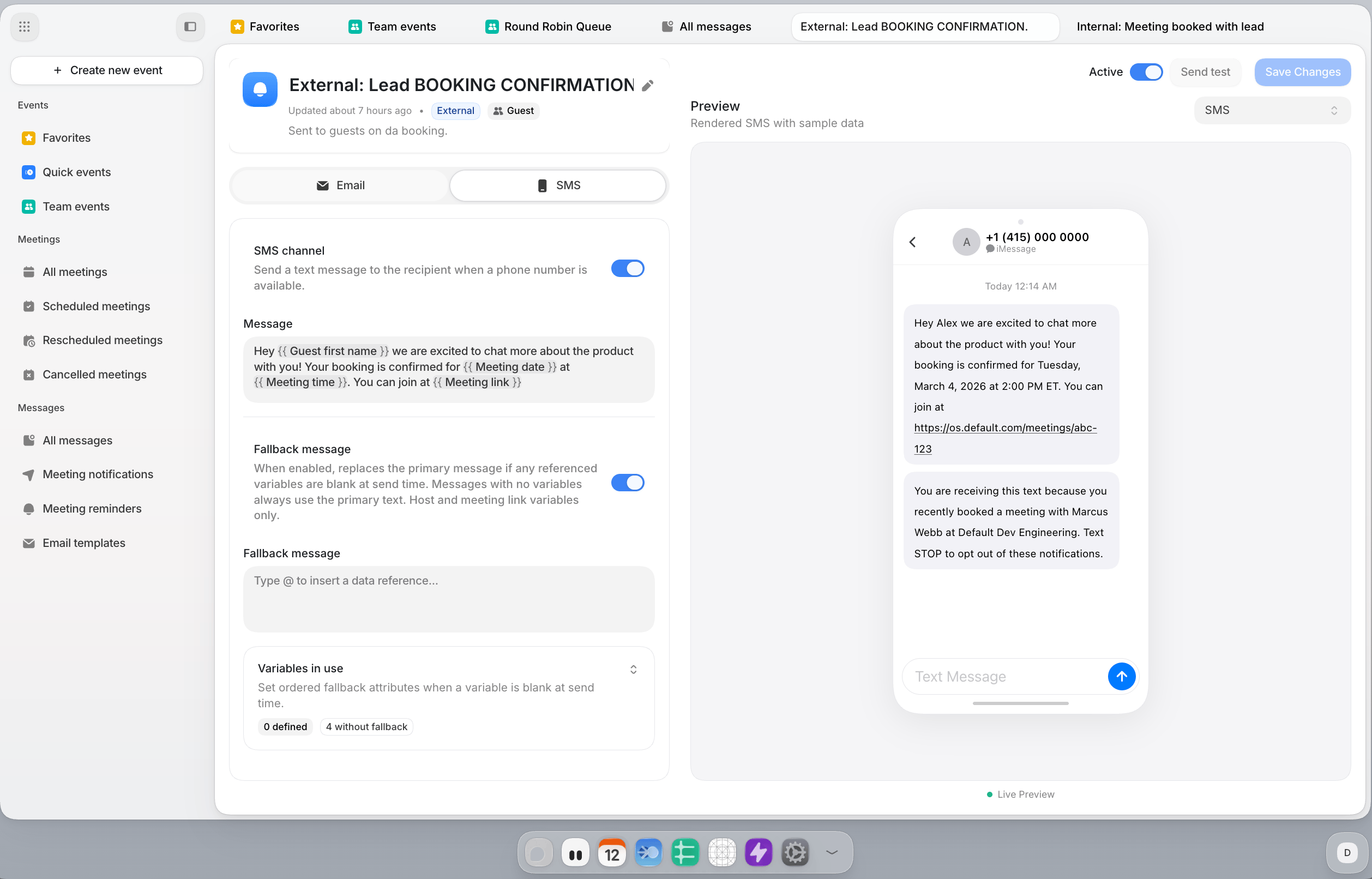 External lead meeting message editor showing SMS channel and preview