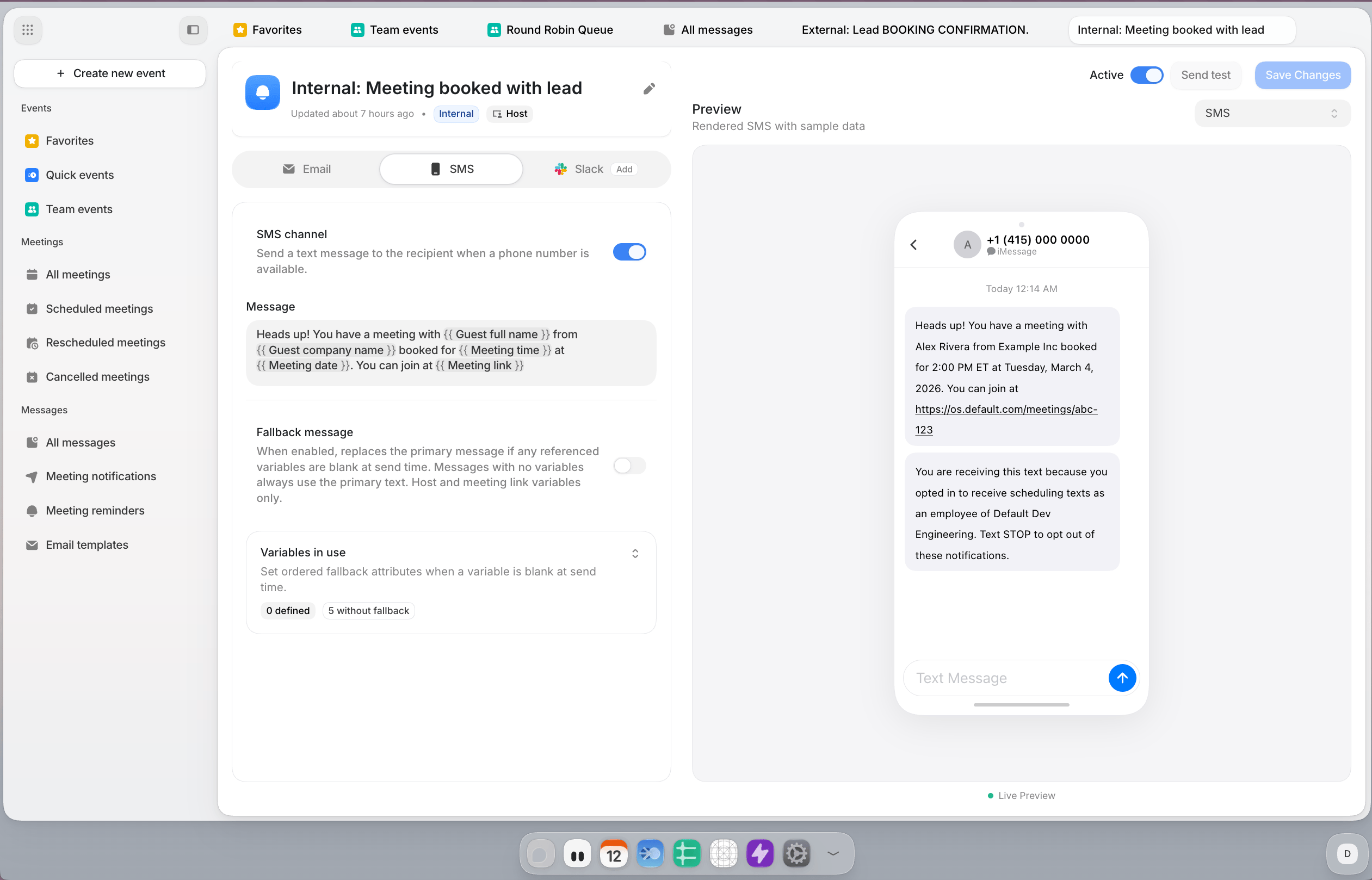 Internal meeting message editor showing SMS channel and preview
