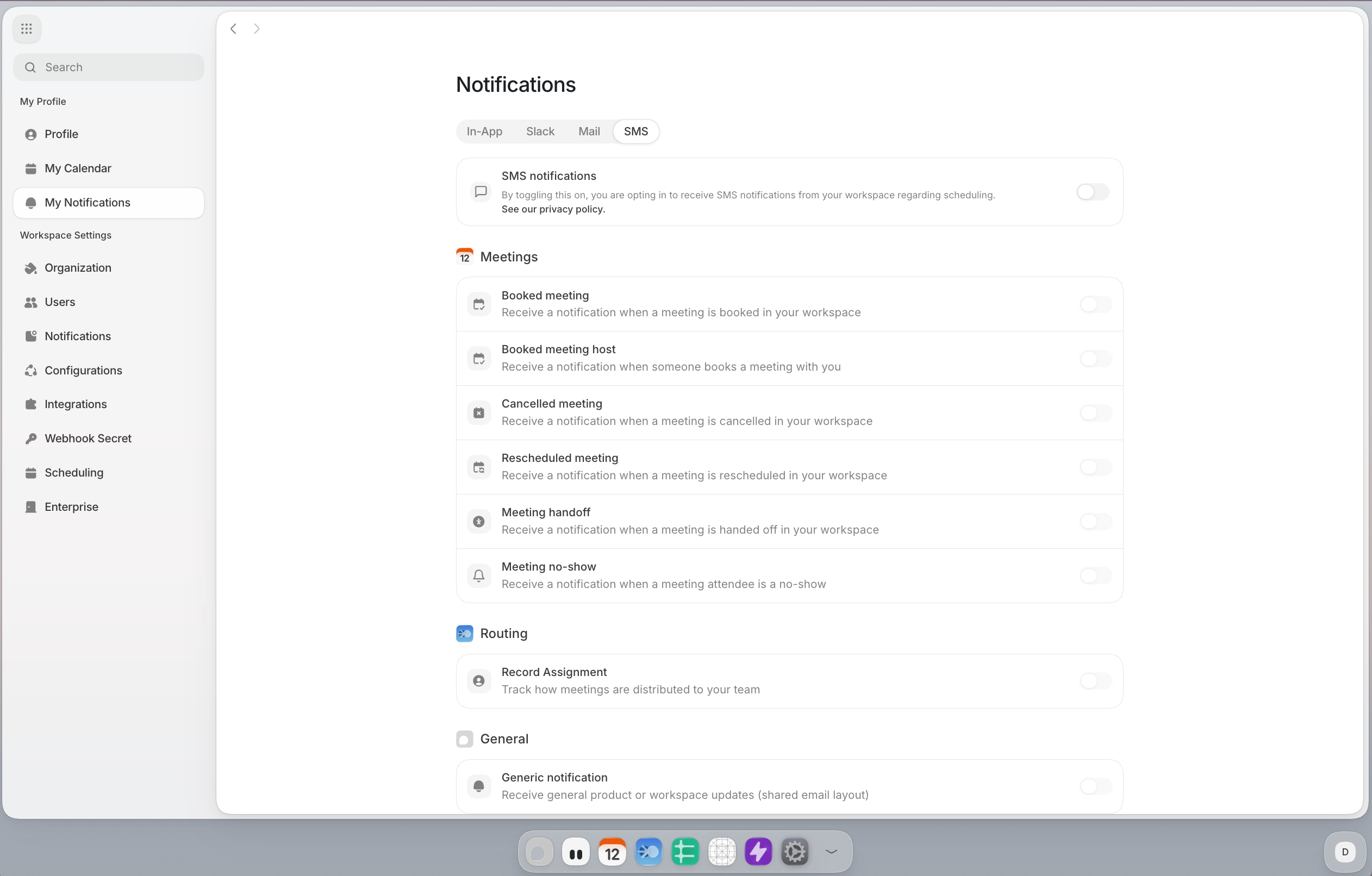 The user Notifications page showing the SMS tab and notification types