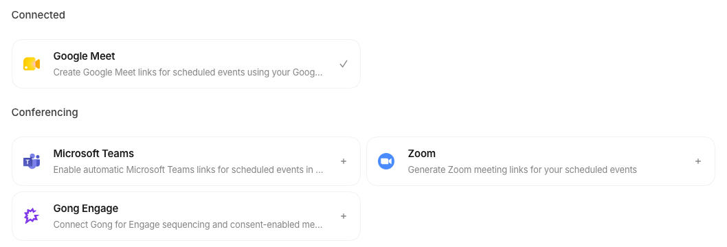 The Zoom card in the Conferencing section of the Connections page