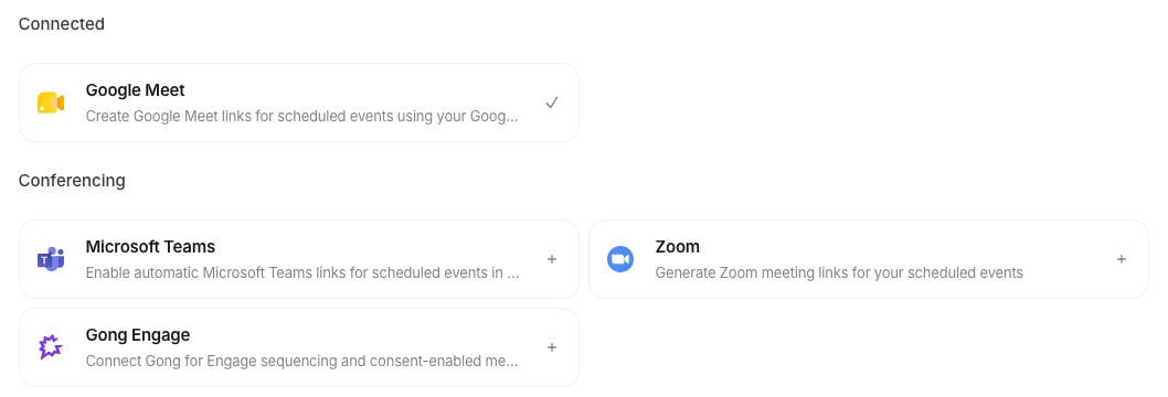 The Zoom card in the Conferencing section of the Connections page
