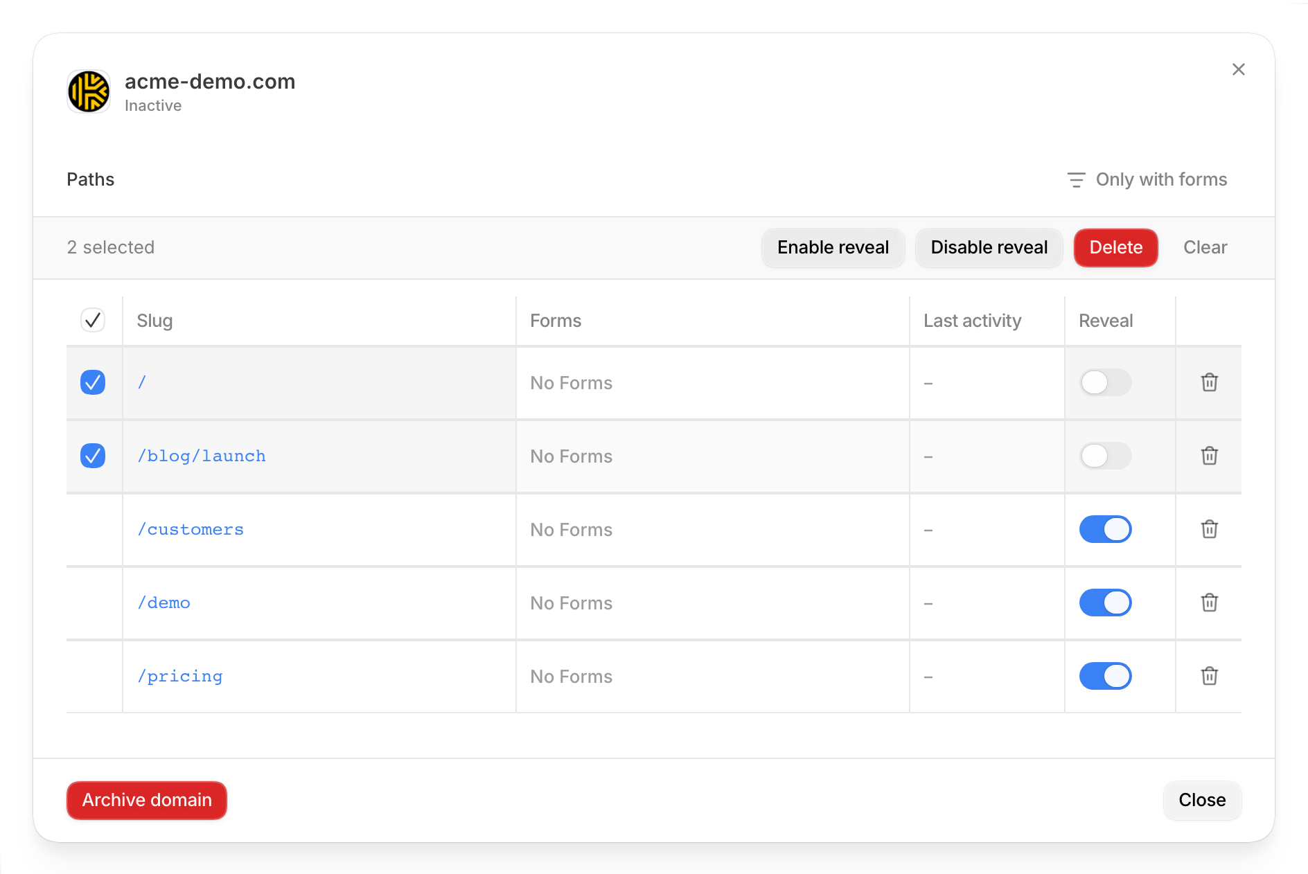 Two paths selected with the Enable reveal and Disable reveal buttons above the table