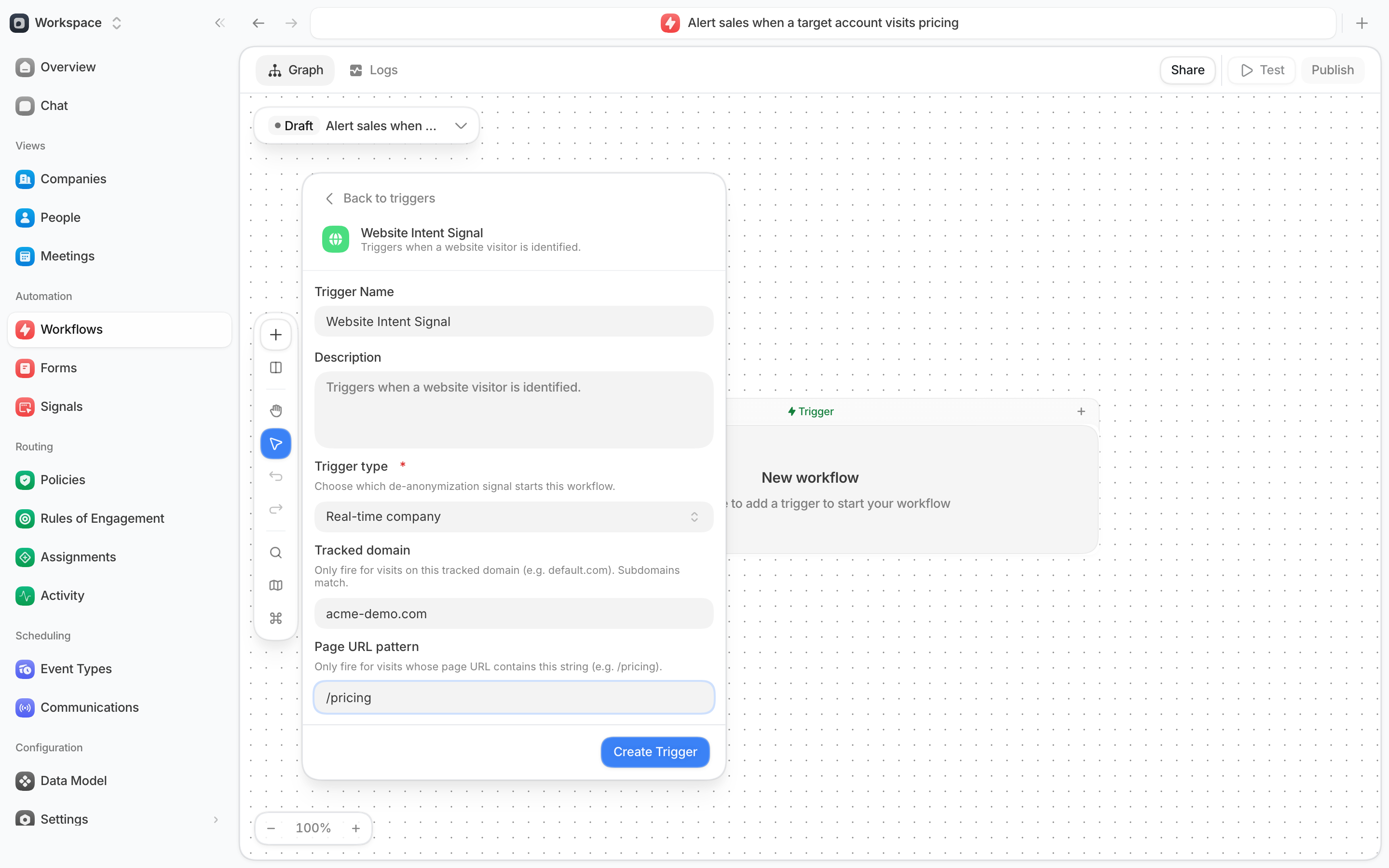 The Website Intent Signal trigger form with Trigger type, Tracked domain, and Page URL pattern