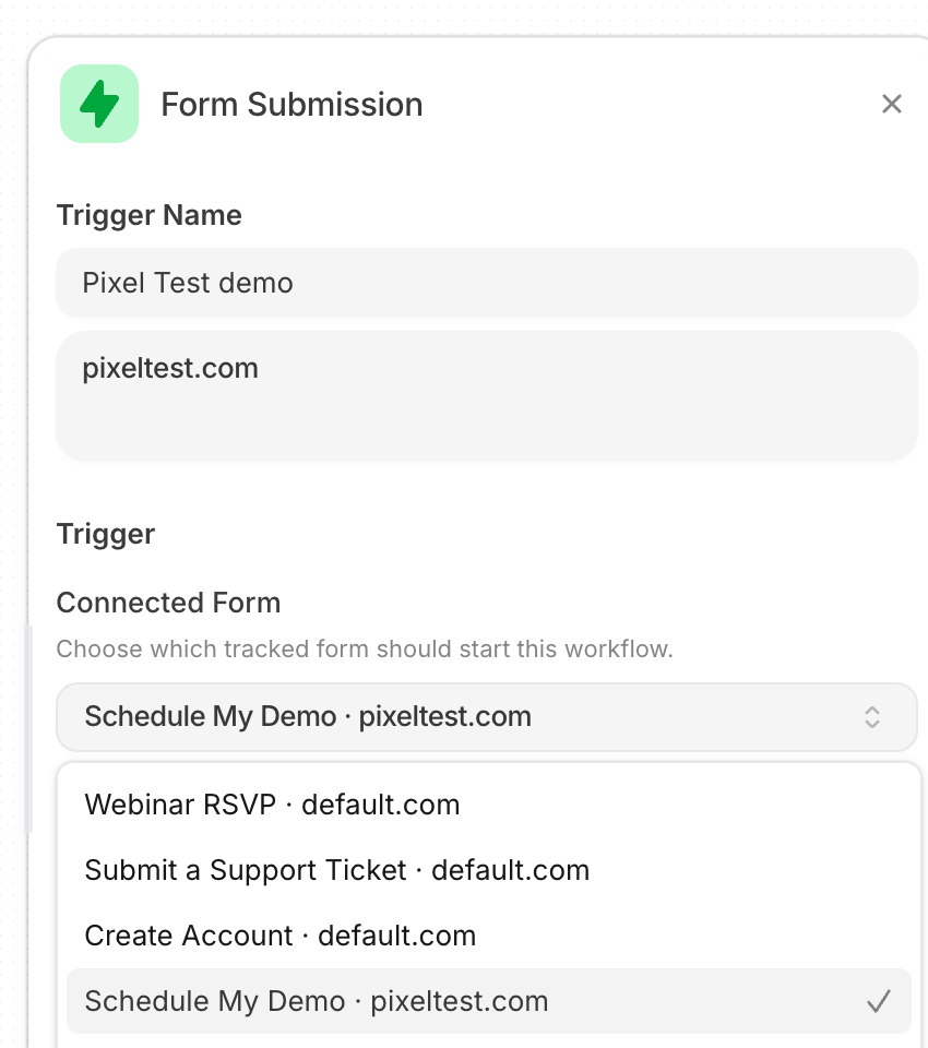 A Pixel form selected as a Form Submission trigger in the workflow builder