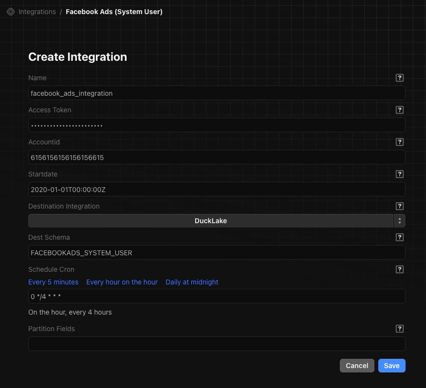 Facebook Ads System User integration form in Definite