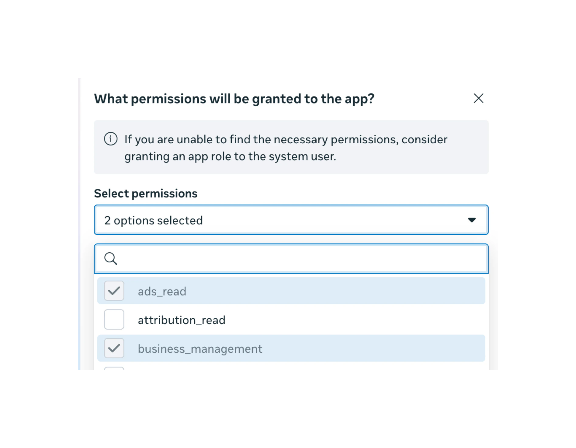 Selecting ads_read and business_management permissions